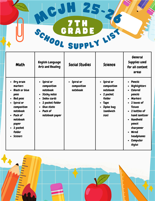 25-26 7th Grade School Supply List