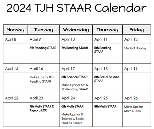 2024 TJH STAAR Calendar